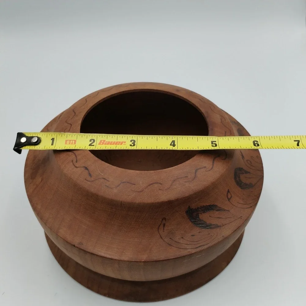 Vintage Hand Turned Wood Bowl Pyrography Floral Design Wood Burned Folk Art Boho
